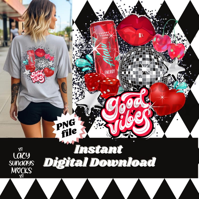May include: A digital design featuring a disco ball, dice, cherries, a can of cherry flavored energy drink, a red heart, and the text "Good Vibes". The design is on a black and white checkered background.