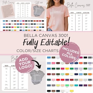 Tabla de colores editable Bella Canvas 3001 Tabla de tallas Paquete Todos los colores Descarga instantánea Plantilla Canva