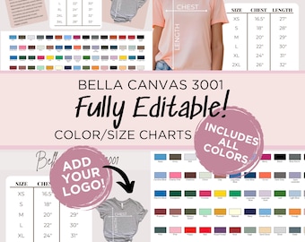 Editable Bella Canvas 3001 Color Chart Size Chart Bundle All Colors Instant Download Canva Template