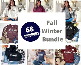 Fall Winter Mockup Bundle - Bella Canvas 3001 Mockup - Gildan 1800 Sweatshirt Mockup - Tshirt mockup Bundle - Boho fall Winter mockups