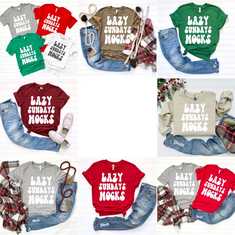 May include: A collection of t-shirts in various colours featuring the text "Lazy Sundays MOGKS" in a white retro font. The shirts are displayed on a white background with jeans and other accessories.