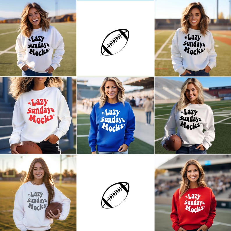 K&ouml;nnte beinhalten: Wei&szlig;e, blaue und rote Sweatshirts mit dem Text "Lazy Sundays Mocks" in einer Retro-Schriftart. Die Sweatshirts werden von Frauen getragen, die einen Football halten. Eine schwarz-wei&szlig;e Football-Grafik wird ebenfalls gezeigt.