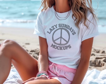 Bella Canvas 3001 Strand Mockup Sommer Mock Up für die Sommerzeit T-Shirt Modell mocks BC3001 weißes Shirt Mockups Boho