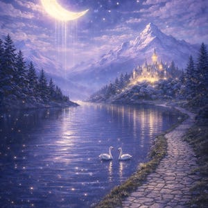Stampa digitale di un lago fantasy illuminato dalla luna, paesaggio notturno da sogno, castello magico