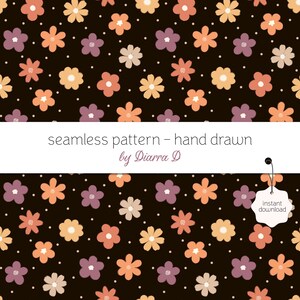 Peut inclure: Un motif floral sans couture avec des fleurs dessinées à la main en orange, violet et jaune sur un fond marron foncé. Le motif comprend de petits points blancs et le texte "seamless pattern - hand drawn by Diarra D".