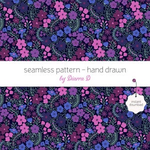 Peut inclure: Un motif floral sans couture sur fond bleu marine foncé, avec une composition dense de fleurs roses, violettes et bleues. De fines lignes blanches dessinent les feuilles et les tiges. Le texte "seamless pattern - hand drawn by Diarra D" est affiché.