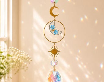 Apanhador de Sol Personalizado com Pingente de Lua e Sol com Nome, Apanhador de Sol com Flor Não-Me-Esqueças, Criador de Arco-Íris de Cristal, Enfeite de Janela Memorial