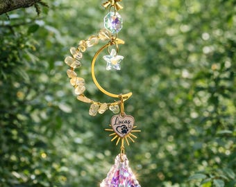 Apanhador de Sol Personalizado em Forma de Lua, Criador de Arco-Íris de Cristal, Presente Personalizado em Memória de Animais de Estimação, Enfeite de Janela em Forma de Lua Crescente, Decoração de Condolências pela Perda de um Animal de Estimação