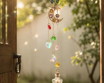 Urna Memorial Celestial para Animais de Estimação, Apanhador de Sol, Sino de Vento de Cristal em Forma de Lua, Lembrança para Pelos ou Cinzas, Criador de Arco-Íris, Presente de Condolências, Decoração Memorial