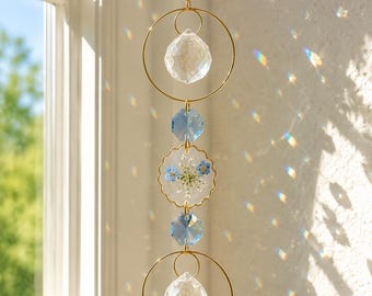 Apanhador de Sol Não Me Esqueças, Flor Prensada de Cristal para Janela, Decoração Artesanal para Criar Arco-Íris, Presente Memorial Personalizado