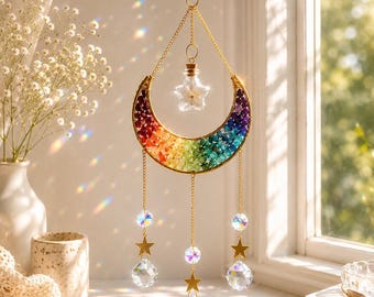 Apanhador de Sol de Cristal Arco-Íris, Pendurado em Forma de Lua para Janela, Apanhador de Sol Prismático, Decoração Boho para Casa, Captador de Luz, Presente para Decoração de Jardim