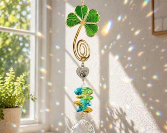 Enfeite de janela em forma de trevo, presente memorial personalizado para animais de estimação, enfeite de cristal com nome personalizado, ornamento de trevo da sorte, criador de arco-íris.