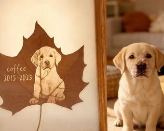 Memorial personalizado para animais de estimação com folha de bordo, gravação personalizada do retrato do seu cão ou gato, lembrança em forma de folha preservada, presente de condolências.