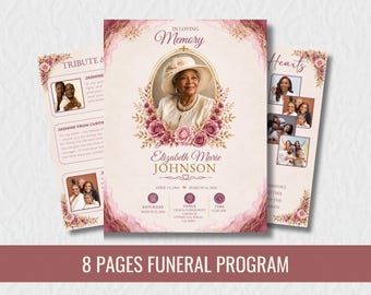 May include: An eight-page funeral program template featuring a cream background with dusty rose floral accents and gold filigree borders. The cover displays a portrait of a person in a hat, the text In Loving Memory, Elizabeth Marie Johnson, and event details.