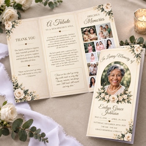 May include: A tri-fold funeral programme featuring cream-coloured paper with floral accents. The front displays a portrait of Evelyn Grace Johnson, dates, and service details. The interior includes a tribute, thank you note, and photo collage.