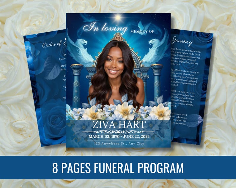 Blue Roses Funeral Program Template, 8-page Memorial (canva Template ...