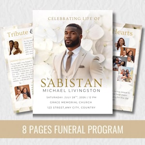 Könnte beinhalten: Trauerprogramm mit einem Porträt eines Mannes in hellem Anzug, umgeben von weißen Blumen. Das Programm enthält den Text "Celebrating Life of Sabistan Michael Livingston" und Veranstaltungsdetails. Die Worte "Tribute & Hearts" sind ebenfalls sichtbar.