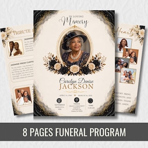 Könnte beinhalten: Eine 8-seitige Trauerprogramm-Vorlage mit cremefarbenem Hintergrund und schwarzen sowie goldenen Blumenakzenten. Das Deckblatt zeigt einen zentralen ovalen Porträtrahmen, den Text In Loving Memory, den Namen Carolyn Denise Jackson und Details.
