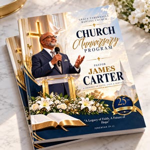 Church Anniversary Program Template Canva Editable, Pastor Appreciation BiFold Brochure, Blue Gold Order of Service Booklet,Printable 8.5x11