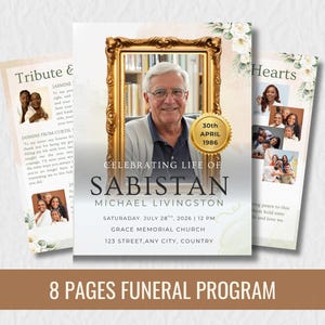 May include: An eight-page funeral programme template featuring a central portrait of an older man in a gold frame. The text reads Celebrating Life of Sabistan Michael Livingston, Saturday, July 28th, 2026, 12 PM, Grace Memorial Church, 123 Street, Any City, Country.