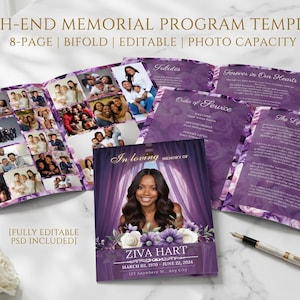 May include: A memorial program template with an 8-page bifold design. The cover features a photo of a woman, with text that reads "In loving memory of Ziva Hart". The program has a purple floral design and includes photos and text. A pen and flowers are also present.