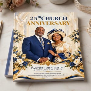 May include: A commemorative program for a 25th Church Anniversary featuring a portrait of a couple. The text reads 25th CHURCH ANNIVERSARY, PASTOR JOHN SMITH & FIRST LADY MARY SMITH, and a Bible verse from Jeremiah 29:11, framed by blue and gold floral accents.