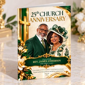 Church Anniversary Program Template, Green Gold Church Booklet, Editable Canva Church Program, Religious Anniversary Printable