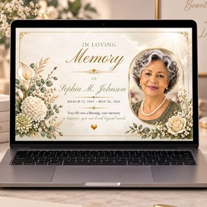 Może przedstawiać: Ekran laptopa wyświetlający pamiątkowy projekt z tekstem In Loving Memory of Sophia M. Johnson, March 12, 1945 – May 20, 2024 oraz Your life was a blessing, your memory a treasure, you are loved beyond words, ozdobiony motywami kwiatowymi.