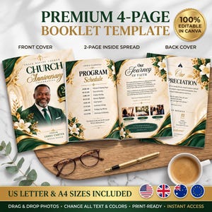 May include: A premium 4-page church anniversary booklet template featuring a front cover with a pastor's photo, a 2-page inside spread with a program schedule and faith journey text, and a back cover, all in cream, dark green, and gold.