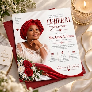 Pode incluir: Um cartão de anúncio de serviço funerário com o retrato de uma pessoa usando um lenço vermelho e uma blusa de renda branca. O texto diz: With deep sadness we announce the funeral service for the life of Mrs. Grace A. Nwosu.