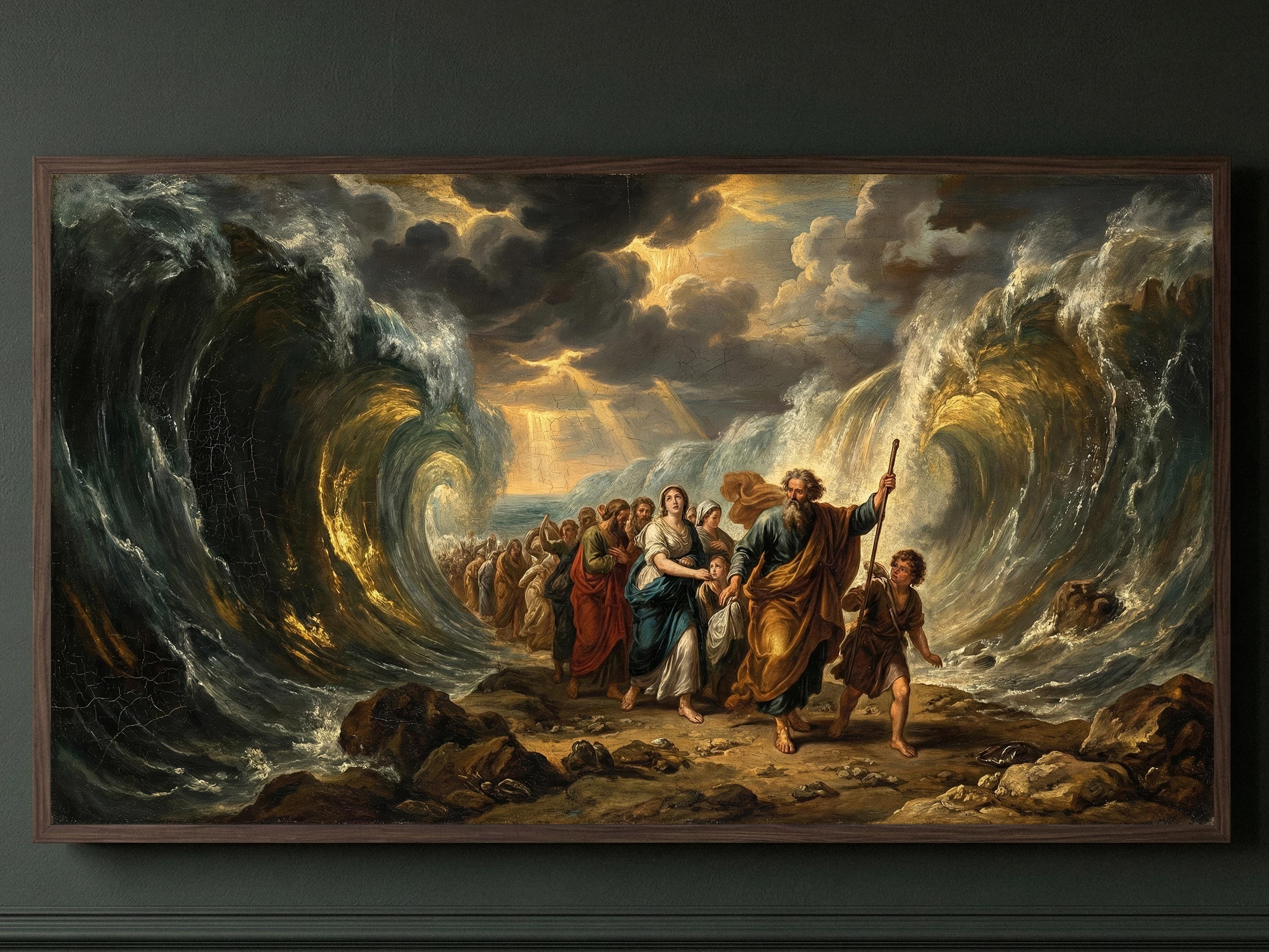 Moses Parting the Red Sea Frame TV Art, Biblical Story Oil Painting ...