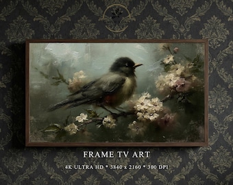 Vintage Bird Floral Frame TV Art, American Robin Oil Painting, Victorian Dark Academia Decor