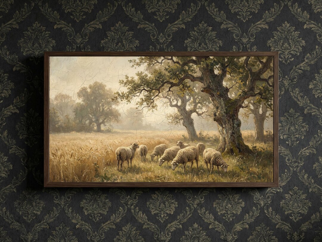 Vintage Sheep Oil Painting Frame TV Art, Pastoral Landscape TV ...