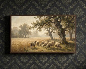 Vintage Sheep Oil Painting, Pastoral Farmhouse TV Art (Digital Download)