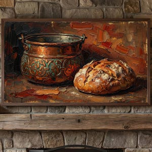May include: Oil painting of a copper pot with teal accents and a loaf of bread. The pot has two handles and sits next to a round loaf of bread with a crusty exterior. The painting is framed in a dark brown wooden frame.