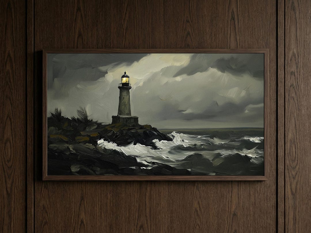 Moody Lighthouse Frame TV Art, Stormy Seascape Oil Painting, Vintage ...