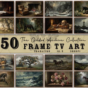 May include: A collection of 12 framed art prints with a vintage aesthetic. The images depict landscapes, animals, and still life scenes. The text "50 The Gilded Archive Collection FRAME TV ART" is displayed prominently.