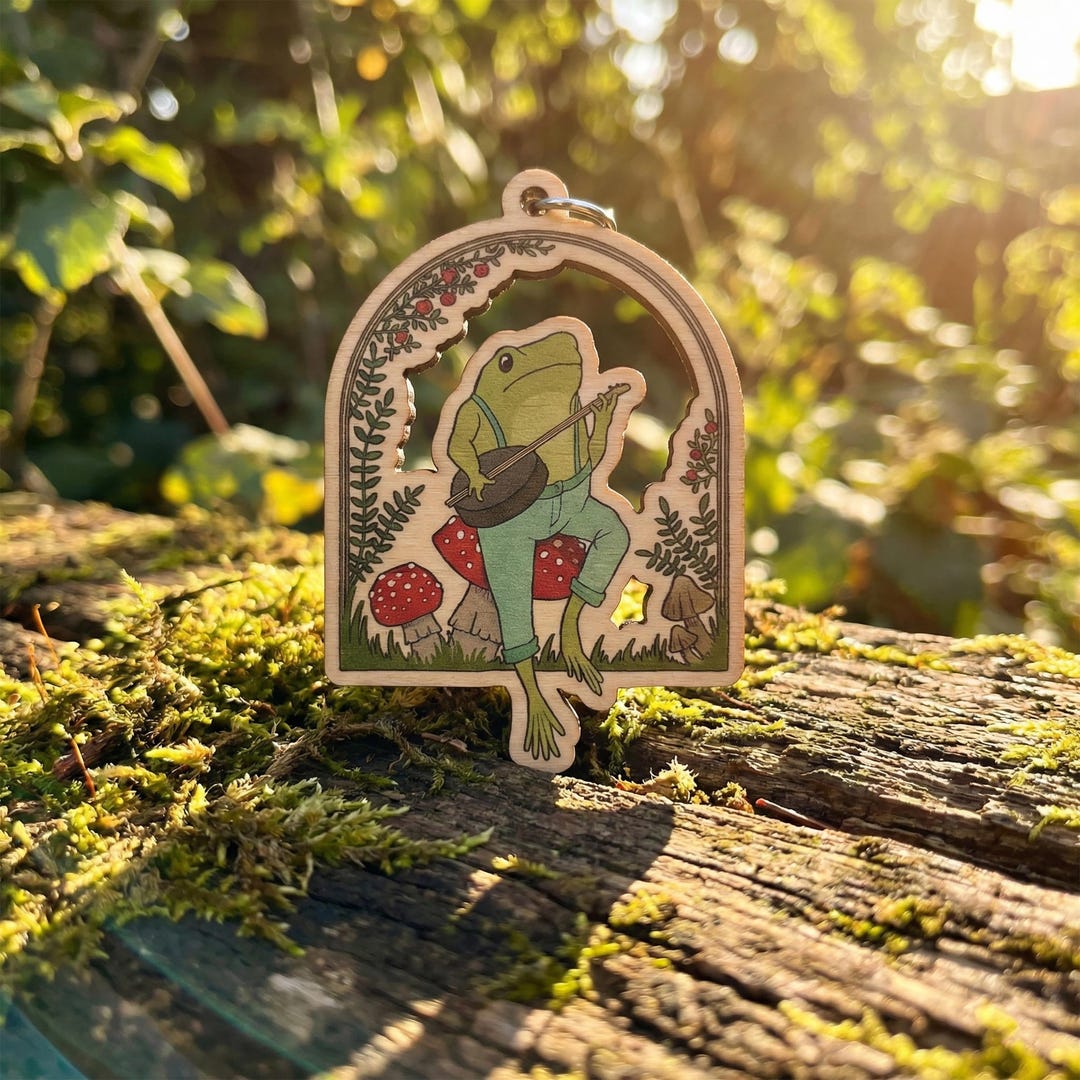 Cottagecore Banjo Frog Wooden Charm, Cute Musician Keychain, Mushroom ...