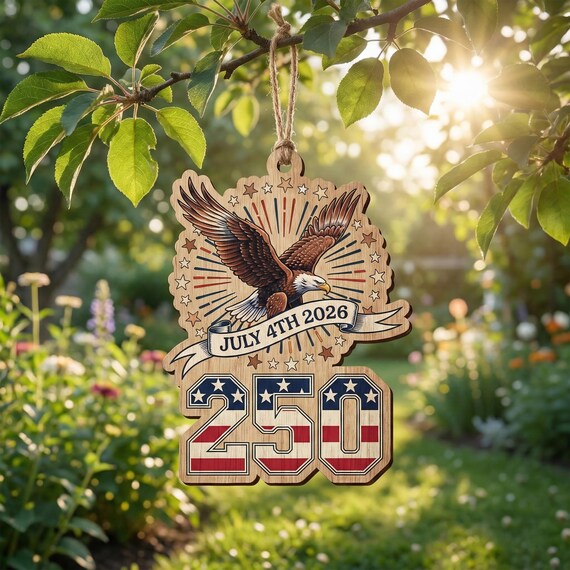 July 4th 2026 Eagle Wooden Ornament, USA 250 Years Semiquincentennial Gift, Patriotic Flag Number Charm, Independence Day Souvenir