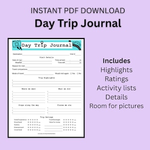 Può includere: Un download PDF stampabile del Diario di Viaggio di un Giorno con un bordo nero. Il diario include sezioni per la destinazione, i dettagli della visita, i momenti salienti del viaggio e le valutazioni del viaggio. Il testo sul diario è nero.