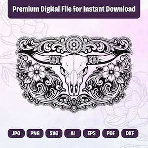 Tooled Leather Longhorn Skull SVG PNG,Western Leathercraft Cut File,Sheridan Style Carving Tooling Pattern,Cowboy Graphics,Cricut files