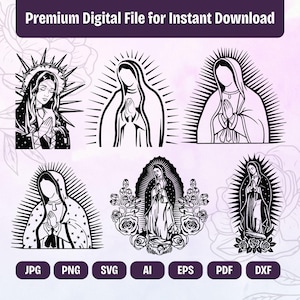 Contorno de la Virgen María, paquete de imágenes SVG PNG de la Virgen de Guadalupe, Virgen María con rosas, Nuestra Señora de Guadalupe SVG, archivos Cricut (descarga digital).