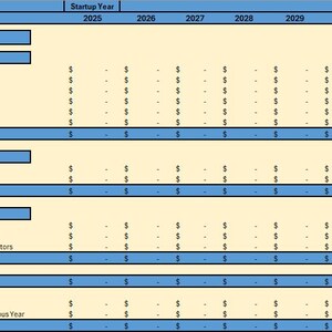 May include: A cash flow statement table with blue headings and columns, showing financial data from 2025 to 2031. Categories include Cash from Operations, Cash Invested, and Cash from Financing.