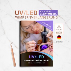 May include: A digital training manual for UV/LED eyelash extensions featuring a cover with a technician using a black light tool on a client. The document includes 29 pages, a PDF download icon, and a rose gold pair of tweezers is shown separately.