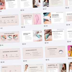 May include: A series of instructional pages with text and illustrations related to eyelash lifting. The pages feature diagrams, product images, and step-by-step instructions. The color palette includes pink, white, and teal.