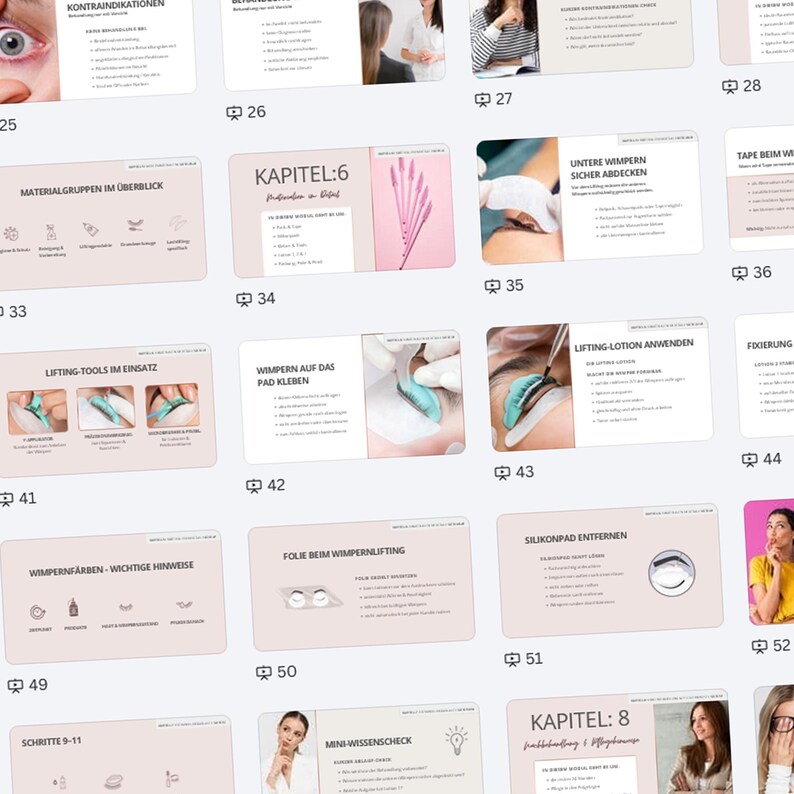 May include: A series of instructional pages with text and illustrations related to eyelash lifting. The pages feature diagrams, product images, and step-by-step instructions. The color palette includes pink, white, and teal.