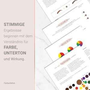 May include: A collection of printed pages with text and color diagrams. The pages feature German text, including the words "FARBE, UNTERTON, und Wirkung" and "Farbenlehre." Color wheels and diagrams illustrate color theory and eyebrow color matching.
