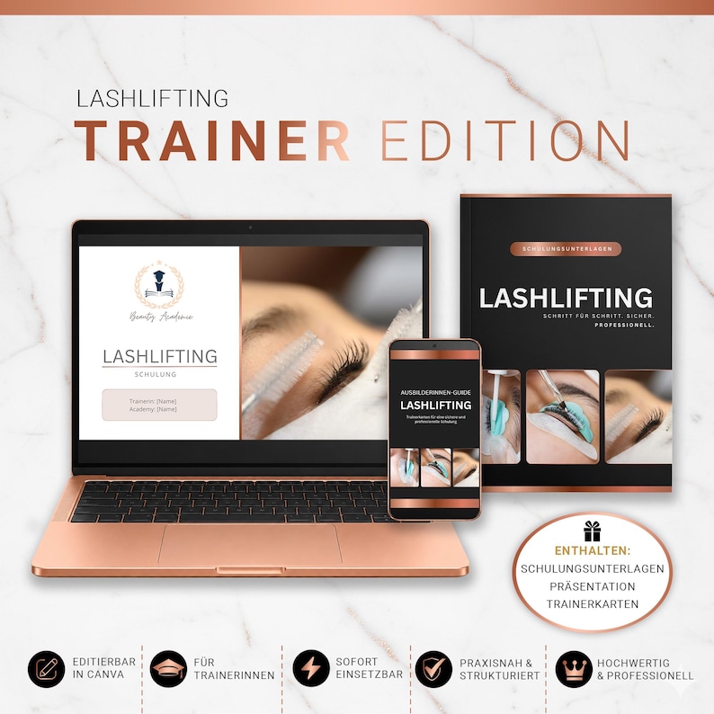 May include: A rose gold laptop, smartphone, and a black book with the text "LASHLIFTING" and "TRAINER EDITION". The laptop and smartphone display lash lifting training materials. The book includes the text "SCHRITT F&Uuml;R SCHRITT, SICHER, PROFESSIONELL".