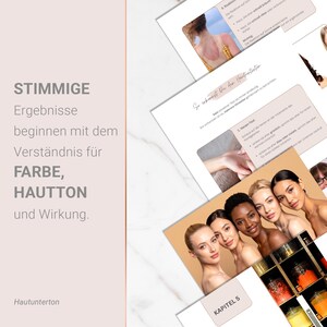 May include: A layout with text and images related to skincare and color analysis. The text includes "STIMMIGE Ergebnisse beginnen mit dem Verst&auml;ndnis f&uuml;r FARBE, HAUTTON und Wirkung." A photo of diverse women is featured, along with other images and text.