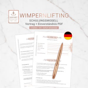 May include: A rose gold pen rests on a white document with German text, including "Wimpernlifting Schulungsmodell" and "Vertrag + Einverständnis PDF." The document has a German flag icon and is designed for immediate download.